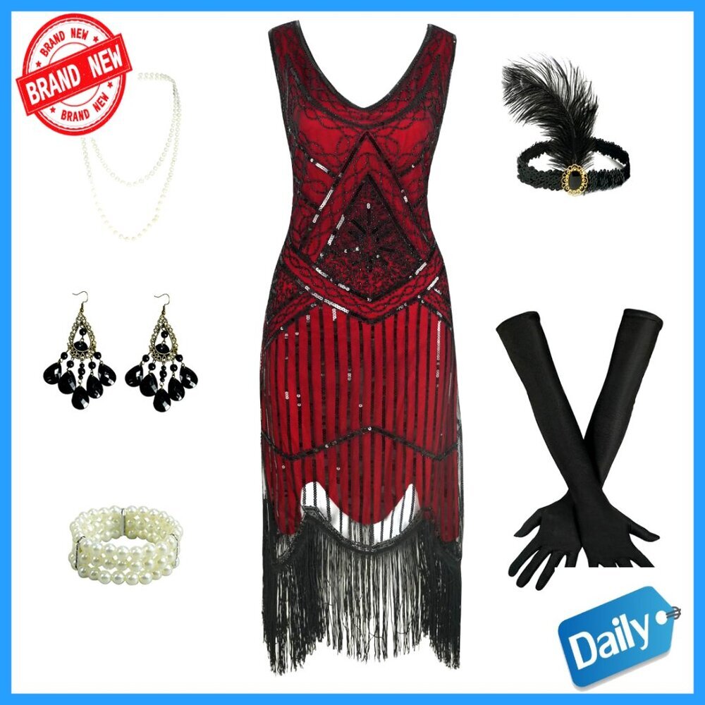 Sequin Fringed Beaded Flapper Dress with Accessories Set
